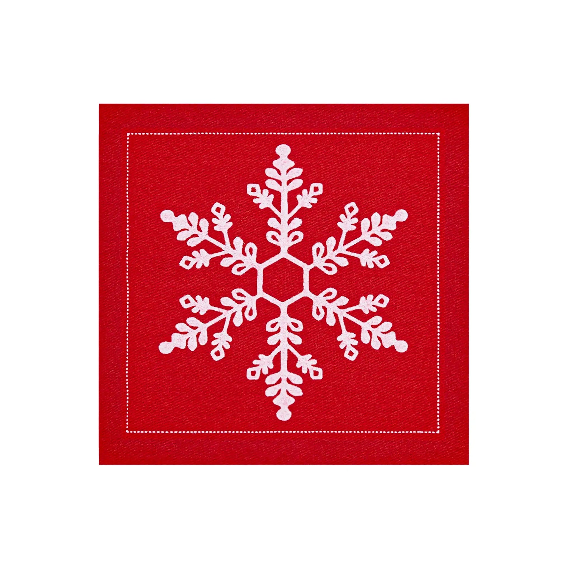 Red organic cotton napkin with white snowflake design, square fold, holiday theme