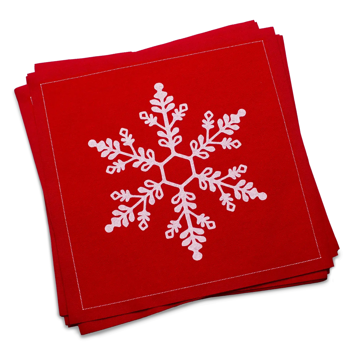 Stack of red organic cotton luncheon napkins printed with a white snowflake design, by Five Star Napkins.