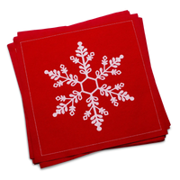 Stack of red organic cotton luncheon napkins printed with a white snowflake design, by Five Star Napkins.