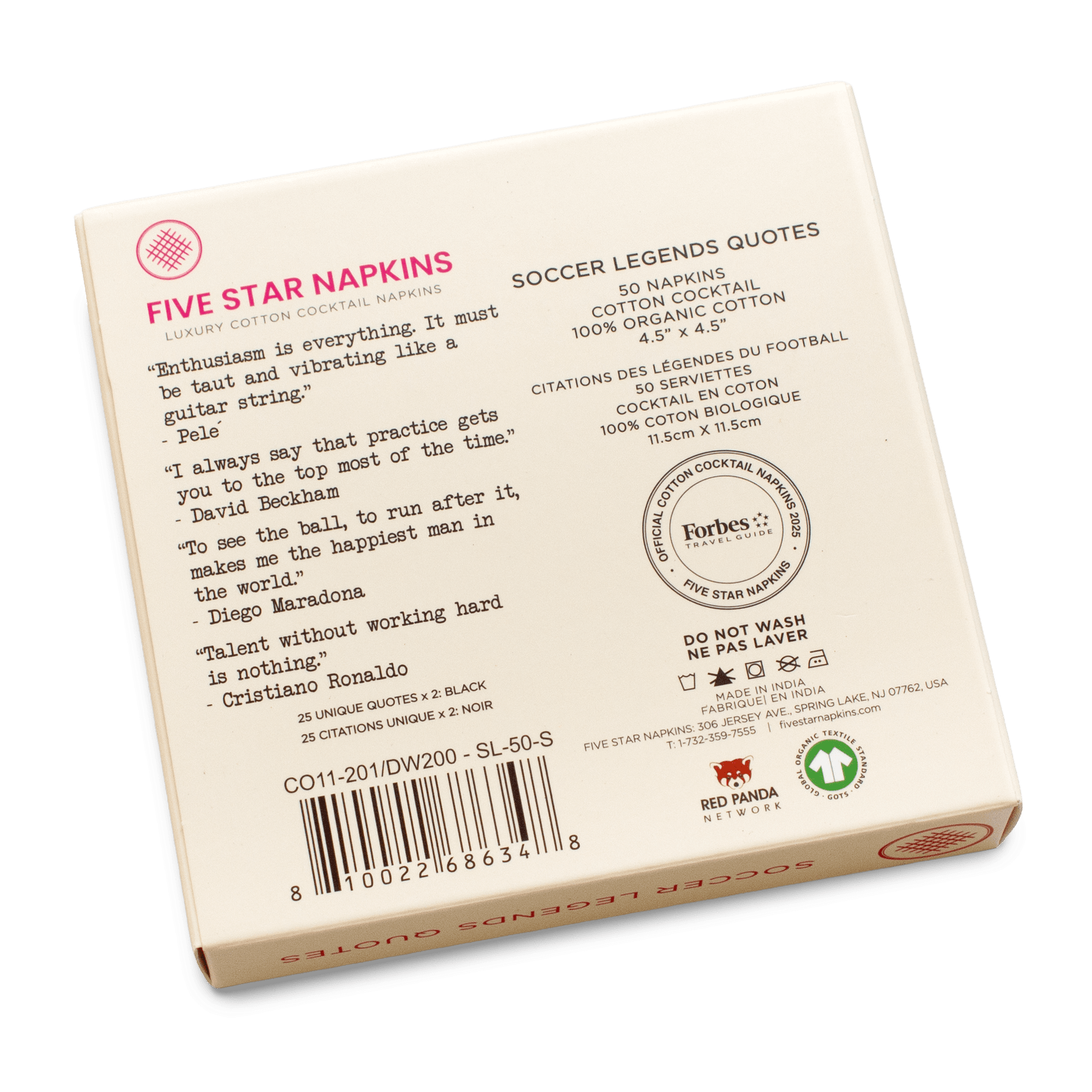 Five Star Napkins Soccer Legends 50-pack organic cotton cocktail napkins box back with quotes and product details.