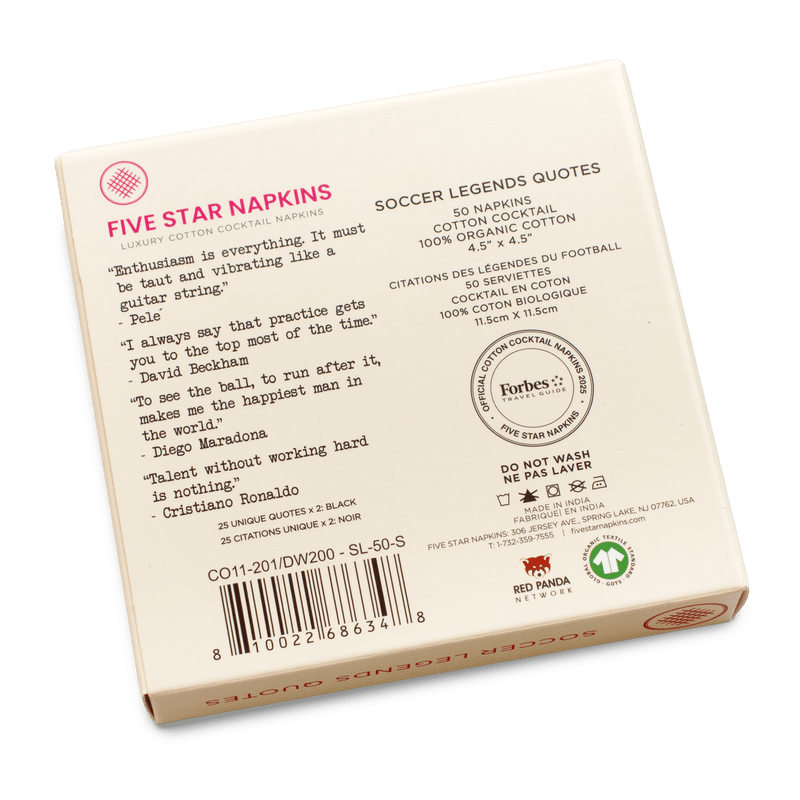 Five Star Napkins Soccer Legends 50-pack organic cotton cocktail napkins box back with quotes and product details.
