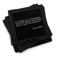Black organic cotton cocktail napkins with a Lionel Messi quote, Five Star Napkins luxury design