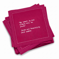 A stack of sorbet-pink Love Quotes cocktail napkins with white dotted borders. The top napkin reads, “My heart is, and always will be, yours.” —Jane Austen, Sense and Sensibility.