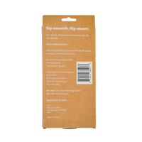 Back of glass straws packaging reading “Sip smooth. Sip smart.” with care instructions for a set of six clear glass straws and a cleaning brush, includes barcode.