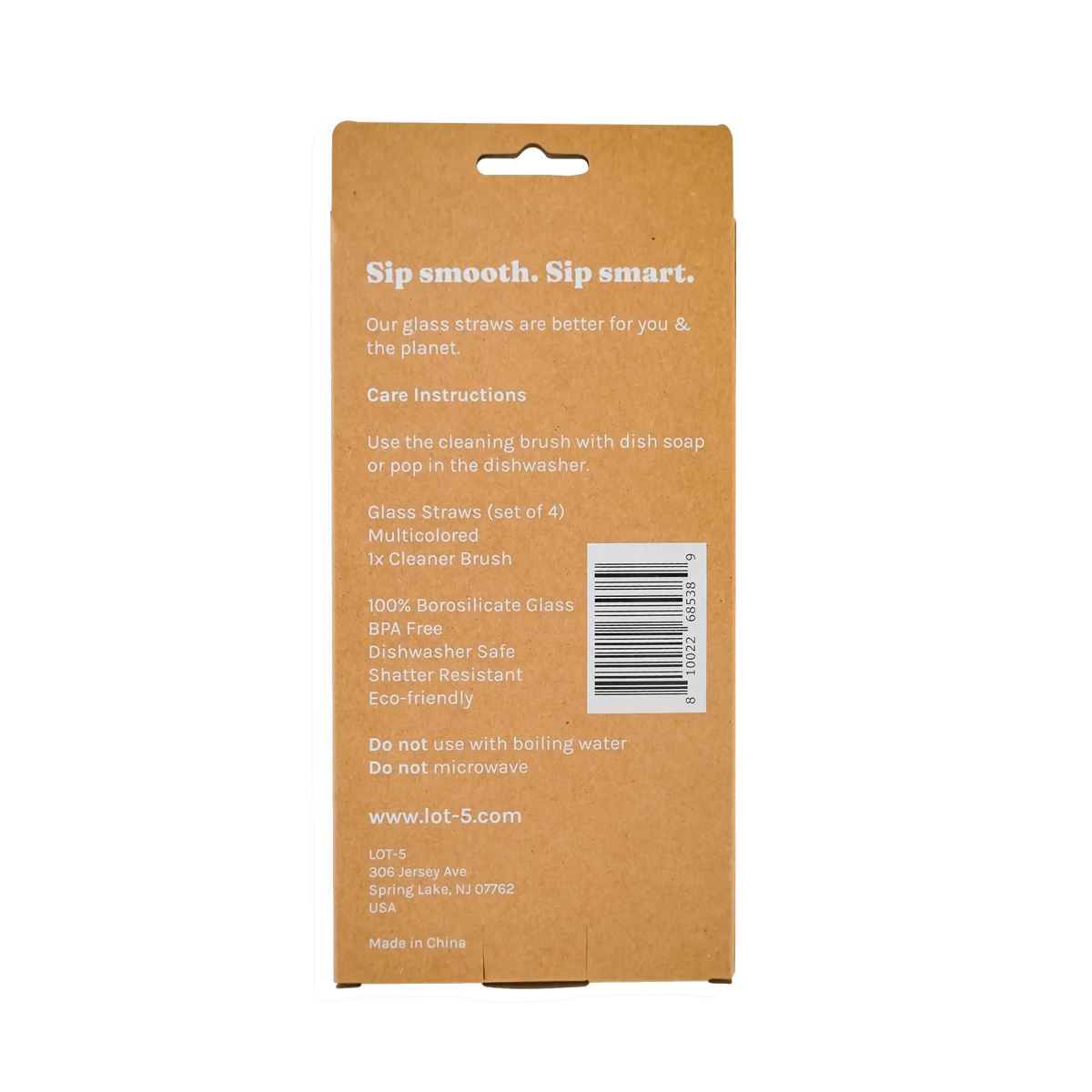 Back of product packaging showing care instructions for multicolored glass straws set, includes barcode.