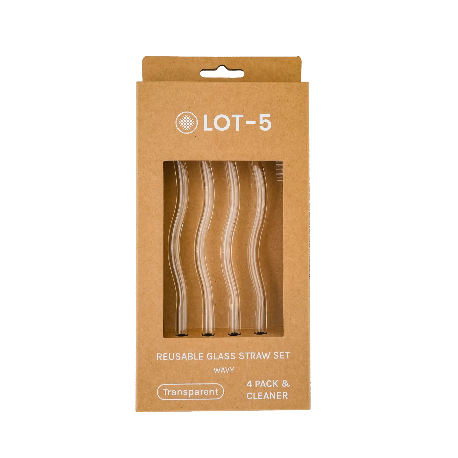 Boxed set of four wavy transparent glass straws with cleaning brush visible in cardboard packaging