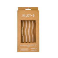 Boxed set of four wavy transparent glass straws with cleaning brush visible in cardboard packaging