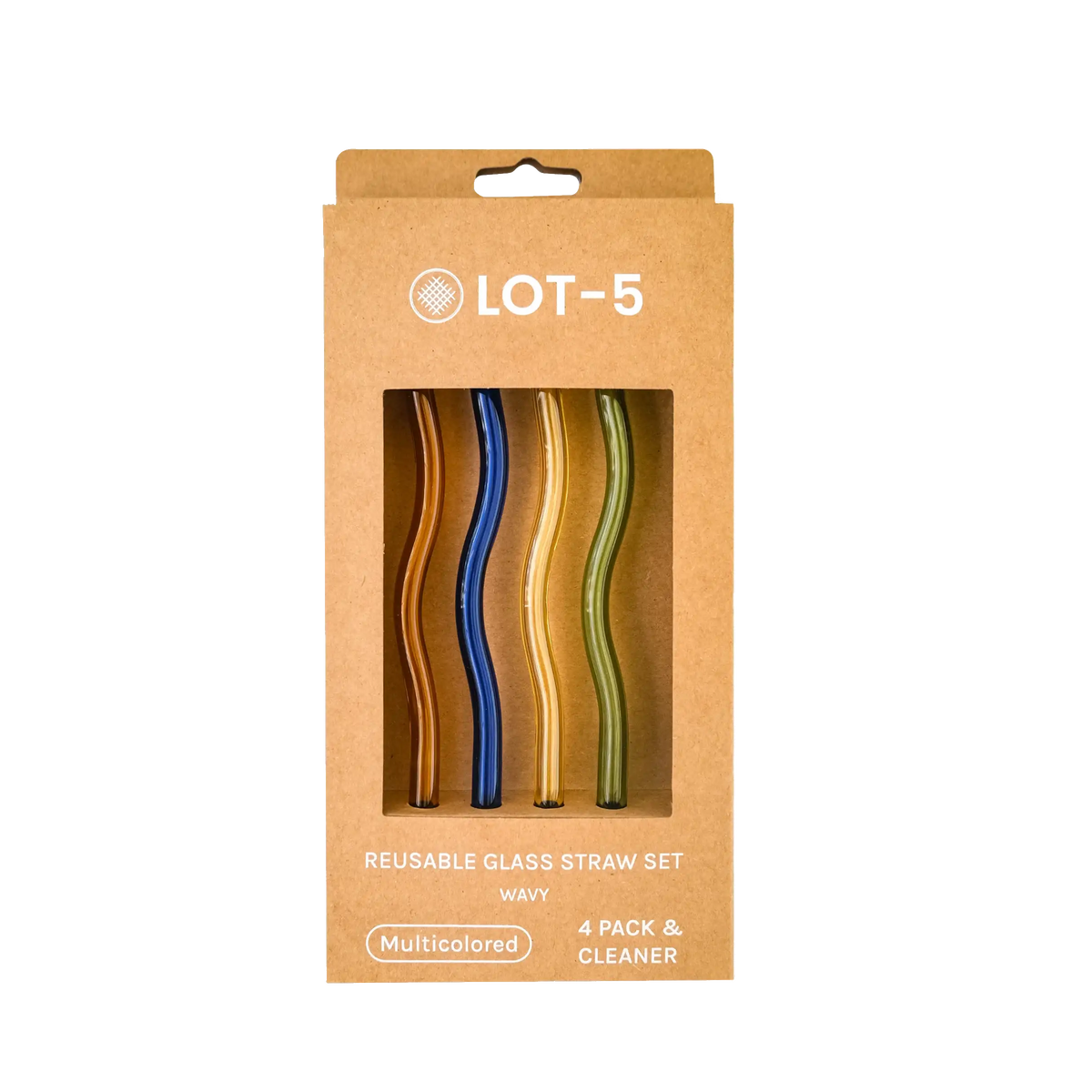 Set of four multicolored wavy glass straws in kraft box, gold, blue, clear, green.