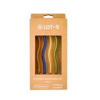 Set of four multicolored wavy glass straws in kraft box, gold, blue, clear, green.