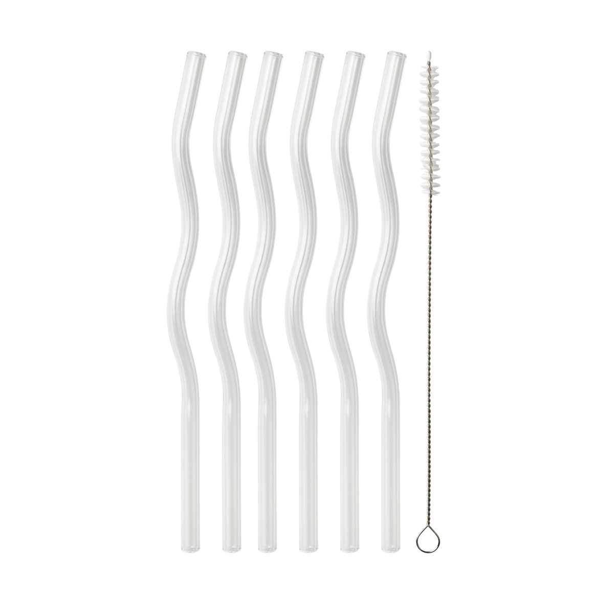 Six clear, reusable curved straws and a cleaning brush on black background
