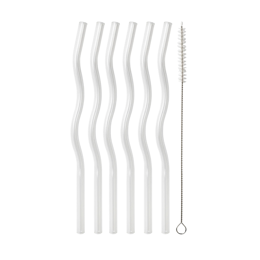 Six clear, reusable curved straws and a cleaning brush on black background