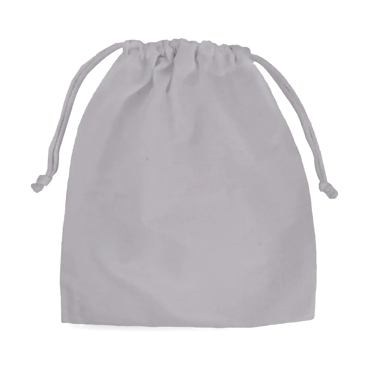 Light grey organic cotton drawstring storage pouch on a light grey background.
