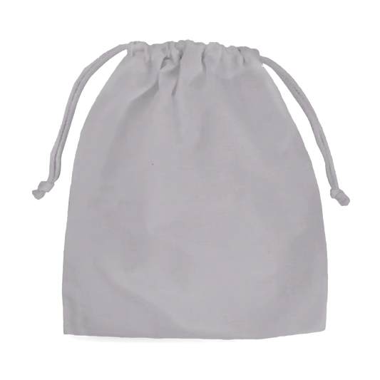 Light grey organic cotton drawstring storage pouch on a light grey background.