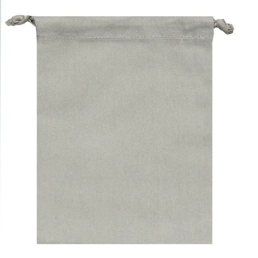 Anthracite Grey organic cotton pouch with drawstring, flat lay, no visible contents