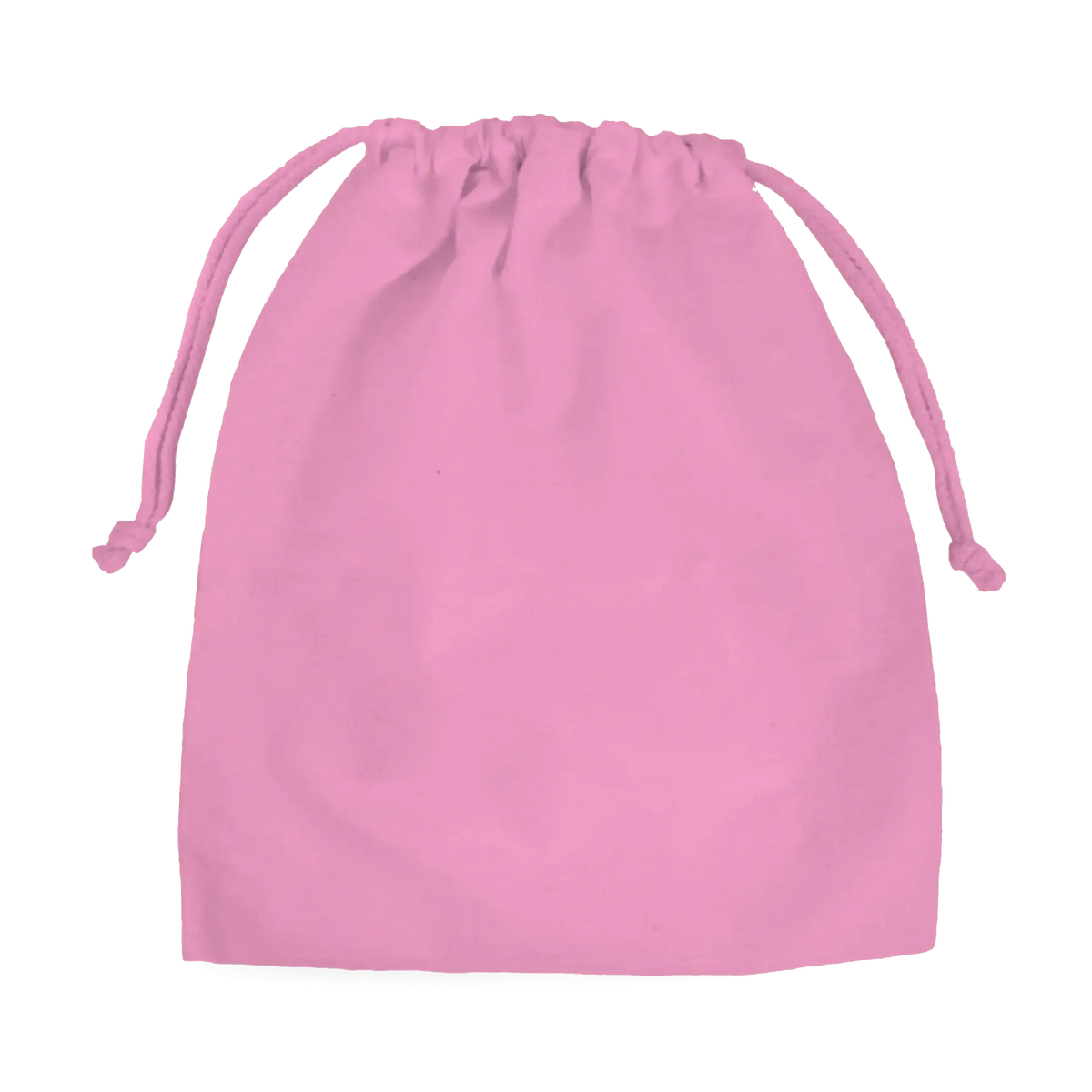 Rose-colored organic cotton drawstring storage pouch on a light grey background.