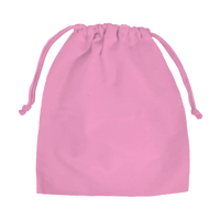 Rose-colored organic cotton drawstring storage pouch on a light grey background.