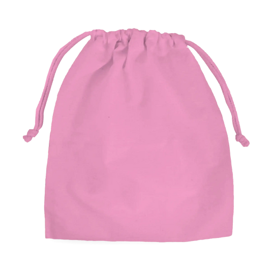 Rose-colored organic cotton drawstring storage pouch on a light grey background.