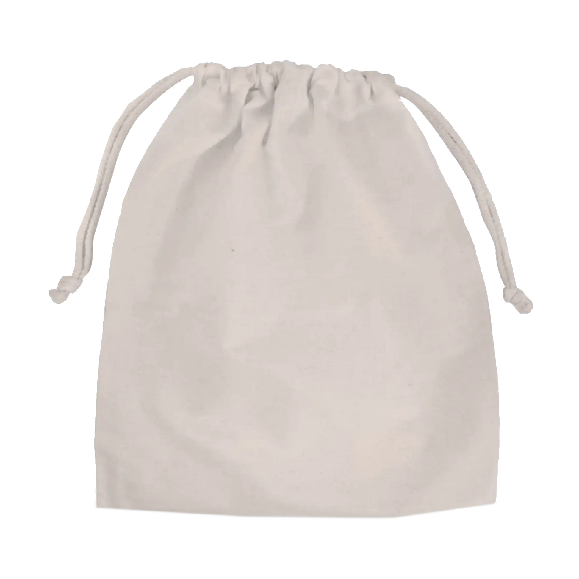Sand-colored organic cotton drawstring storage pouch on a light grey background.