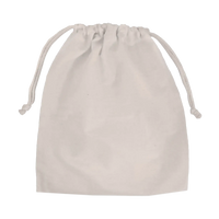 Sand-colored organic cotton drawstring storage pouch on a light grey background.