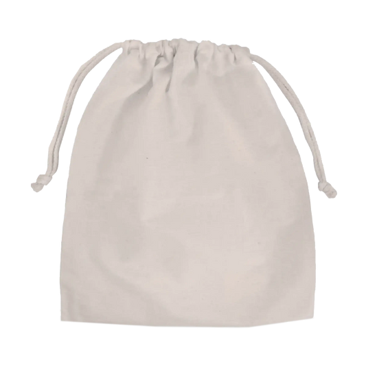 Sand-colored organic cotton drawstring storage pouch on a light grey background.