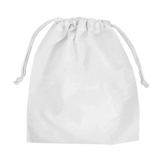 Plain white organic cotton drawstring storage pouch on a white background.