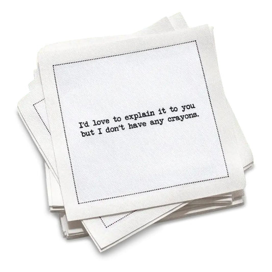 Organic cotton cocktail napkin, white, with black dotted border printed with the quote "Someone has to set the bad example," from Five Star Napkins' Subversive quote collection