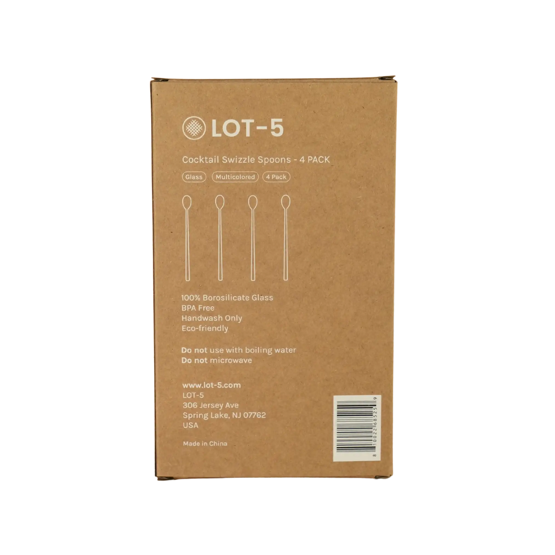 Back of glass cocktail swizzle spoons packaging showing care instructions and product details, includes barcode.
