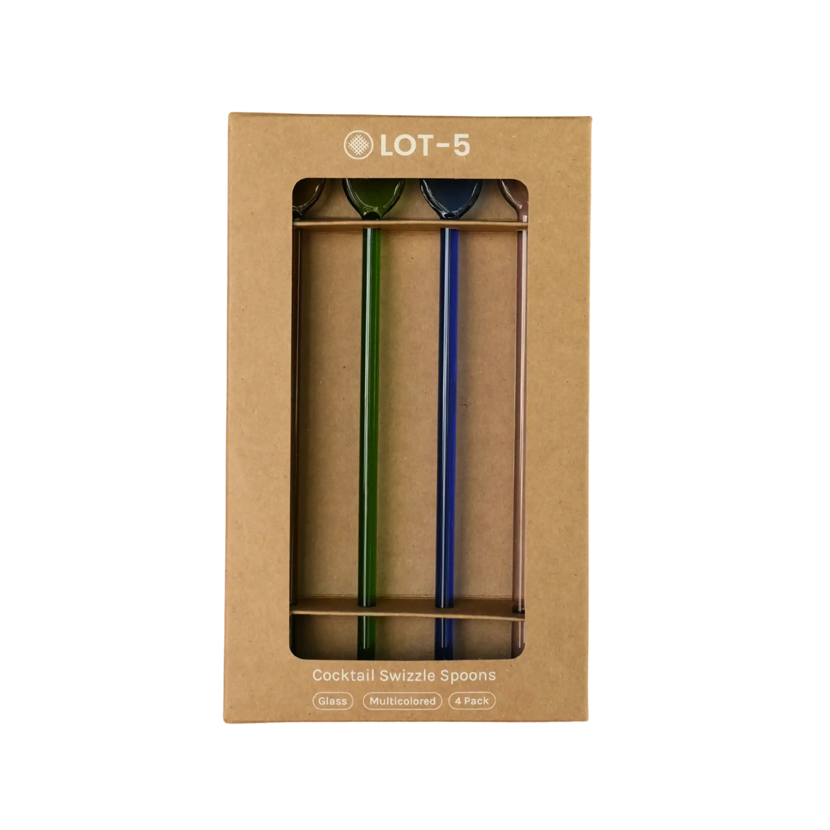 Front of Five Star Napkins' glass cocktail swizzle spoons packaging, labeled Cocktail Swizzle Spoons, Glass, Multicolored, 4 Pack.