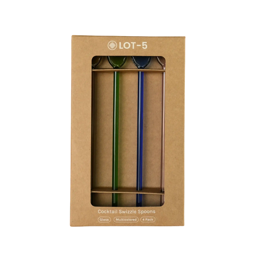 Front of Five Star Napkins' glass cocktail swizzle spoons packaging, labeled Cocktail Swizzle Spoons, Glass, Multicolored, 4 Pack.