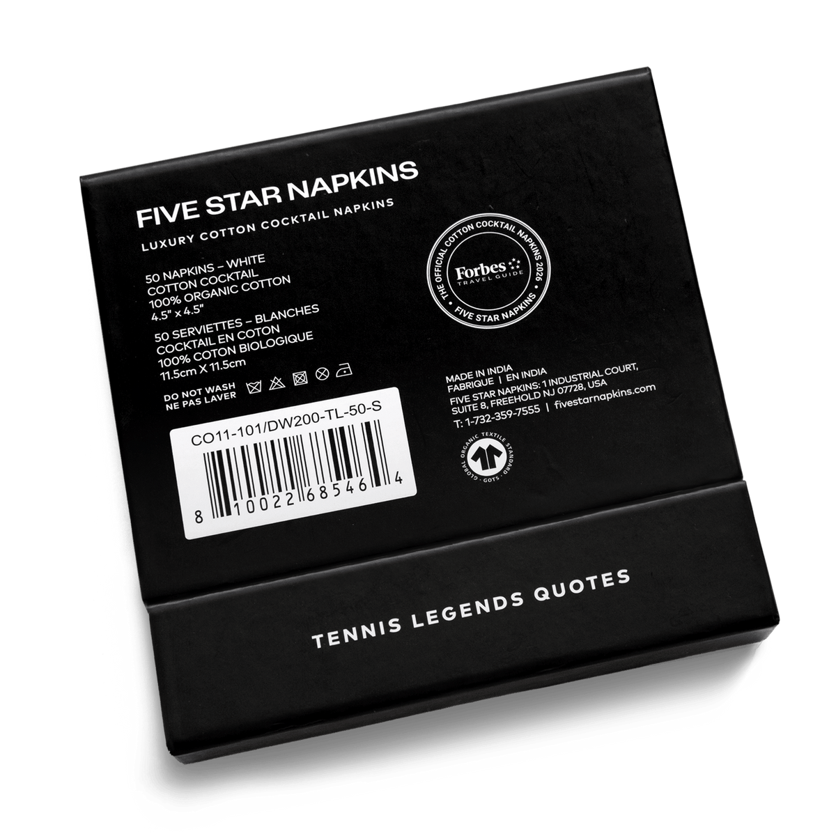 Back of the Five Star Napkins Tennis Legends Quotes gift box, showing product details, care instructions, and the Forbes Travel Guide seal.