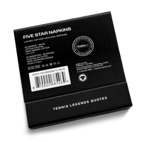 Back of the Five Star Napkins Tennis Legends Quotes gift box, showing product details, care instructions, and the Forbes Travel Guide seal.
