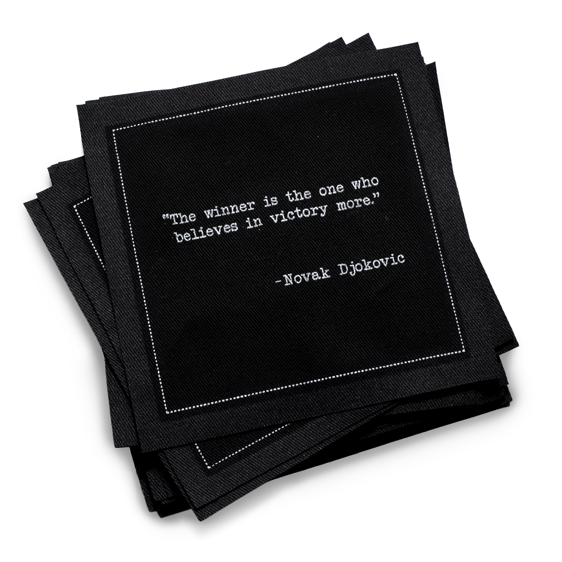 Luxury black cocktail napkins with Novak Djokovic victory quote, Five Star Napkins