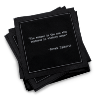 Luxury black cocktail napkins with Novak Djokovic victory quote, Five Star Napkins