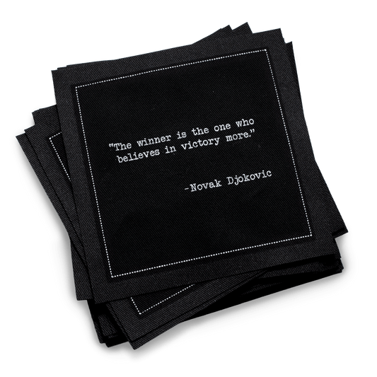 Luxury black cocktail napkins with Novak Djokovic victory quote, Five Star Napkins