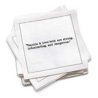 Stack of luxury cotton cocktail napkins with printed tequila and love quote