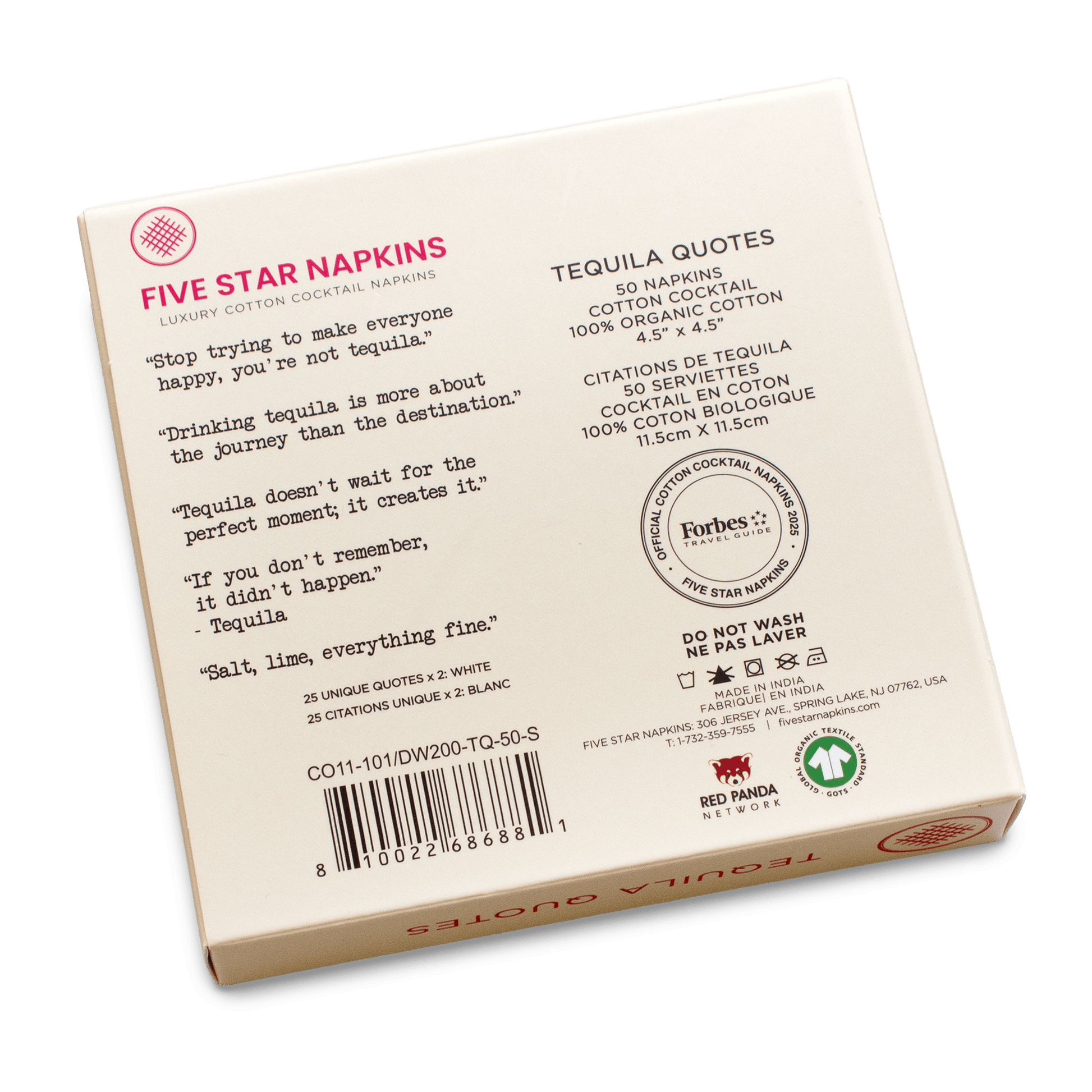 Back of the gift box from Five Star Napkins' Tequila quote collection, showing organic cotton cocktail napkin product details and the Forbes Travel Guide seal