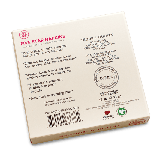Back of the gift box from Five Star Napkins' Tequila quote collection, showing organic cotton cocktail napkin product details and the Forbes Travel Guide seal