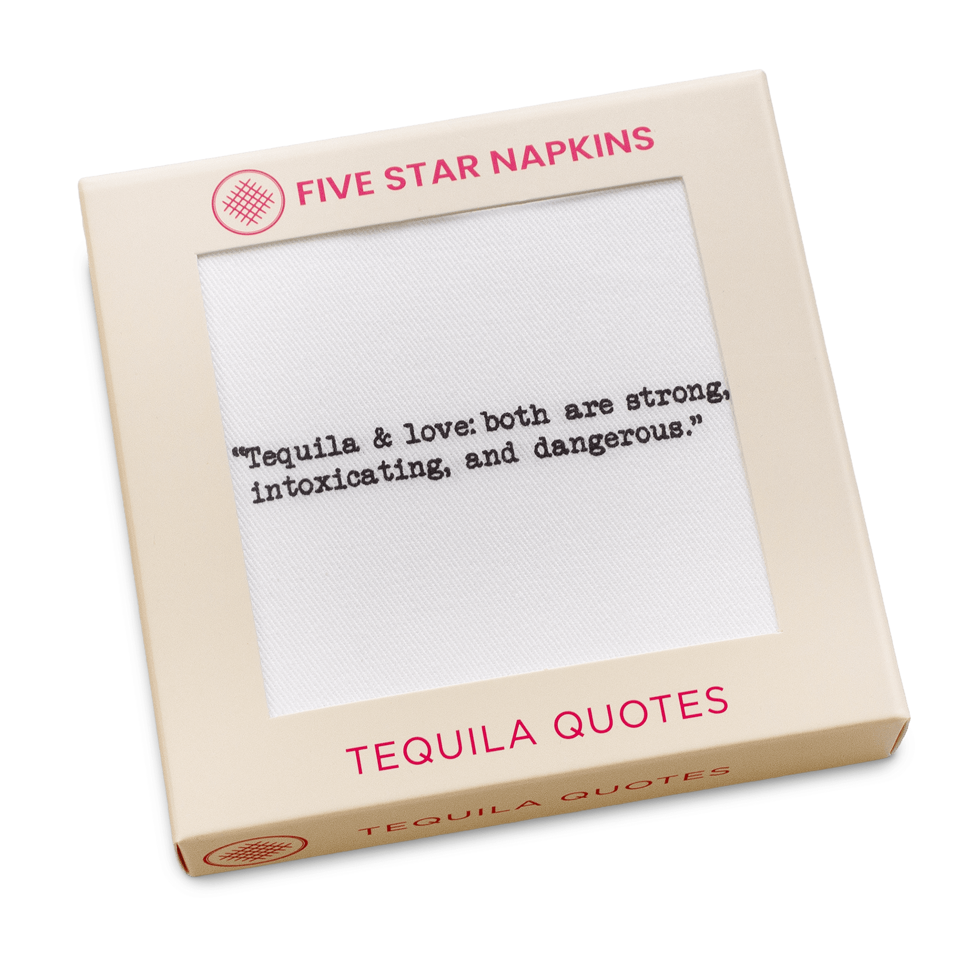 Gift box from Five Star Napkins' Tequila quote collection, showing an organic cotton cocktail napkin printed with the quote "Tequila & love: both are strong, intoxicating, and dangerous"