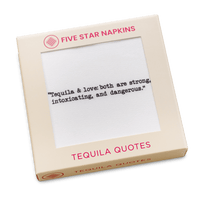 Gift box from Five Star Napkins' Tequila quote collection, showing an organic cotton cocktail napkin printed with the quote "Tequila & love: both are strong, intoxicating, and dangerous"