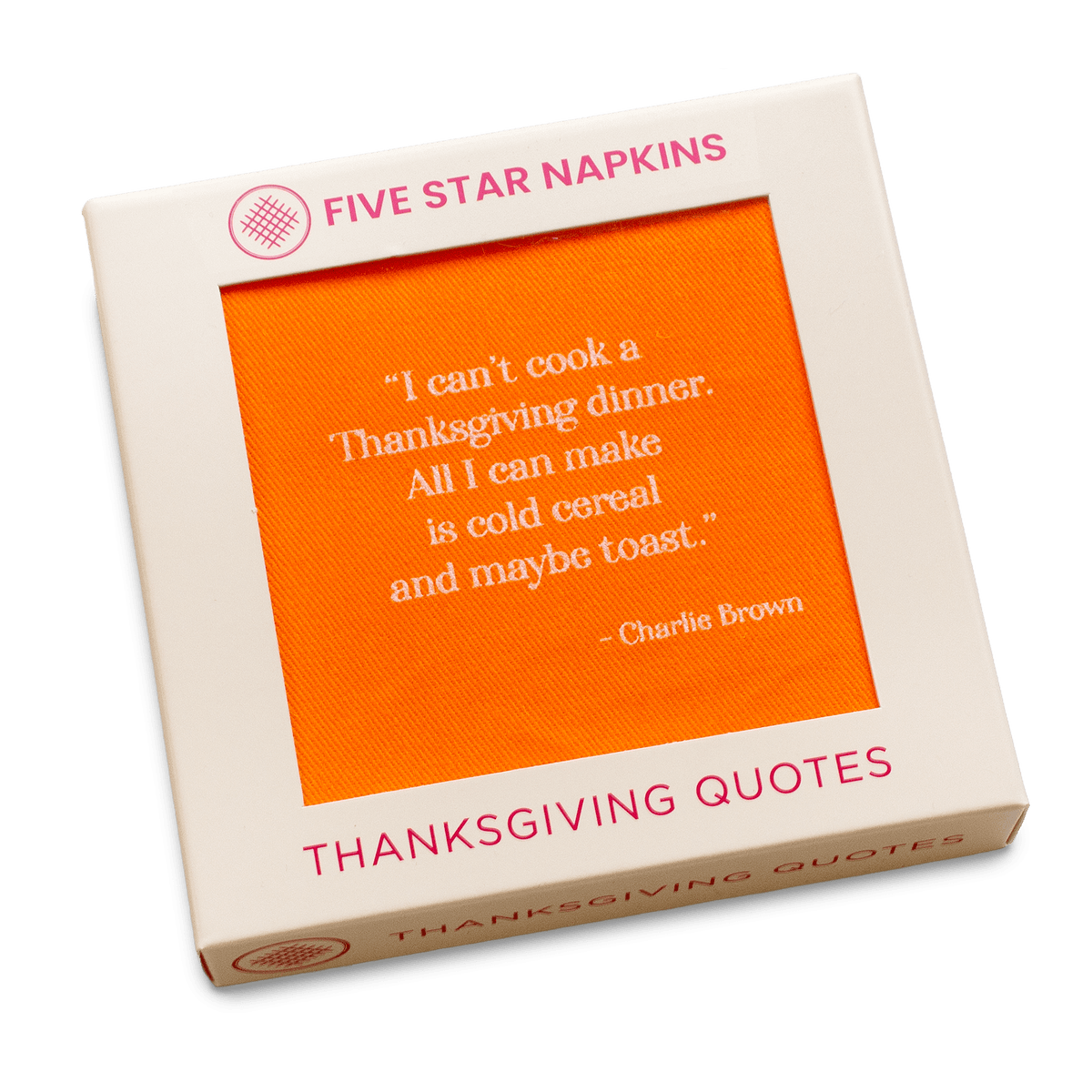 Boxed orange Five Star Napkins with Thanksgiving quote, luxury cotton cocktail napkin gift.