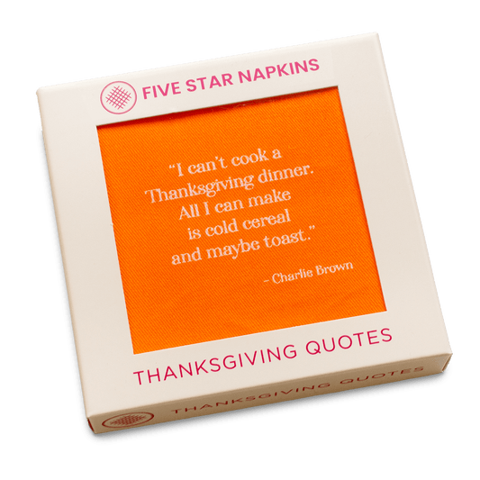 Boxed orange Five Star Napkins with Thanksgiving quote, luxury cotton cocktail napkin gift.