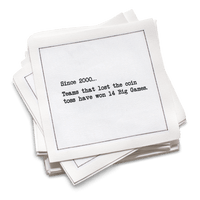 Luxury cotton cocktail napkin with printed sports trivia, Five Star Napkins product photography