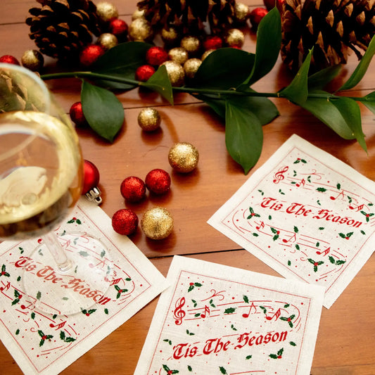 Luxury Christmas cocktail napkins with Tis The Season text, festive decor, and wine glass