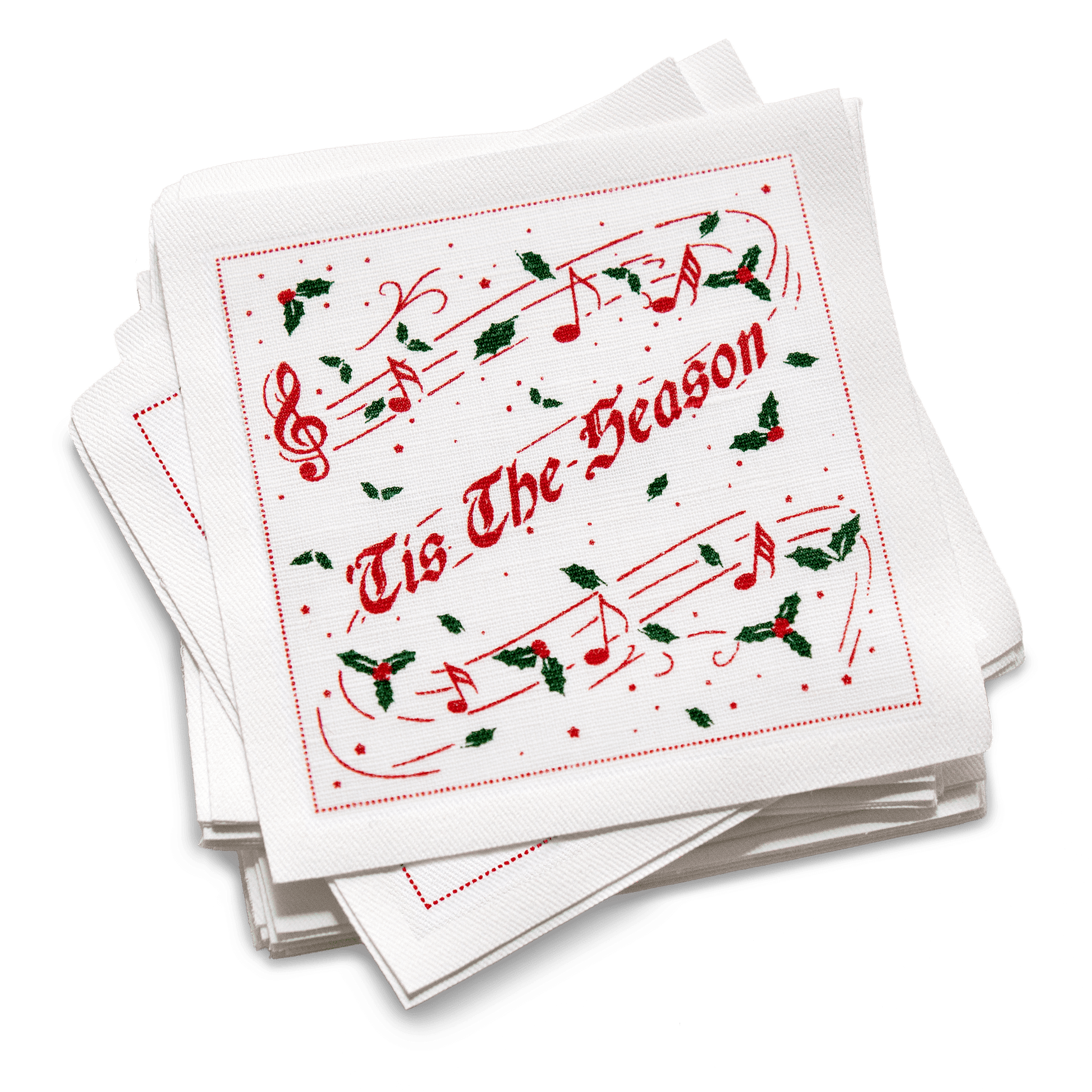 Festive organic cotton cocktail napkins with 'Tis The Season' and holly design by Five Star Napkins