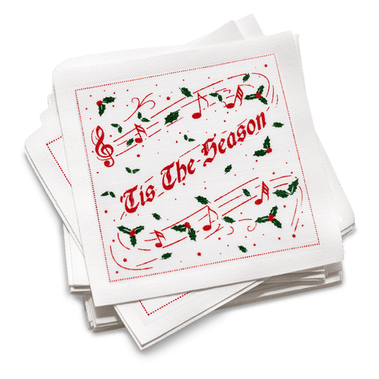Festive organic cotton cocktail napkins with 'Tis The Season' and holly design by Five Star Napkins