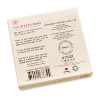 Back of Five Star Napkins box with luxury cotton cocktail napkins birthday quotes and product details