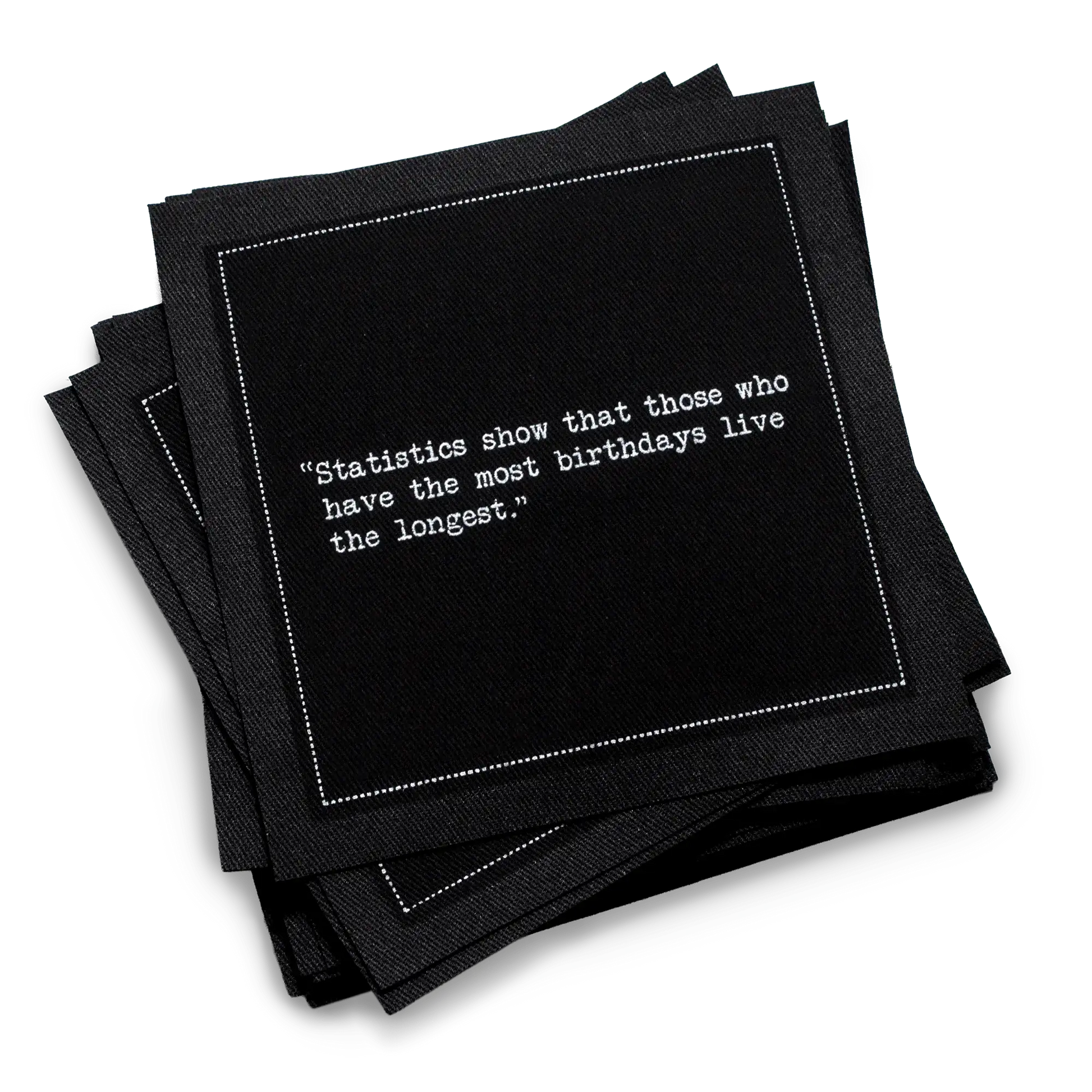 Black luxury cocktail napkin with white birthday quote from Five Star Napkins, organic cotton