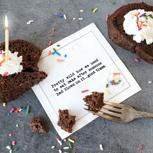 Five Star Napkins Generic Birthday Quotes, Cocktail Napkins, White singular napkin close up with birthday quote and cake, 100% Organic Cotton, 4.5” x 4.5”, 50 Napkins per pack with 25 unique quotes