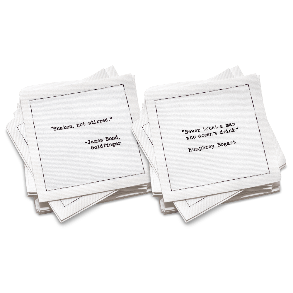 Luxury white cocktail napkins with black printed drink quotes, organic cotton, Five Star Napkins