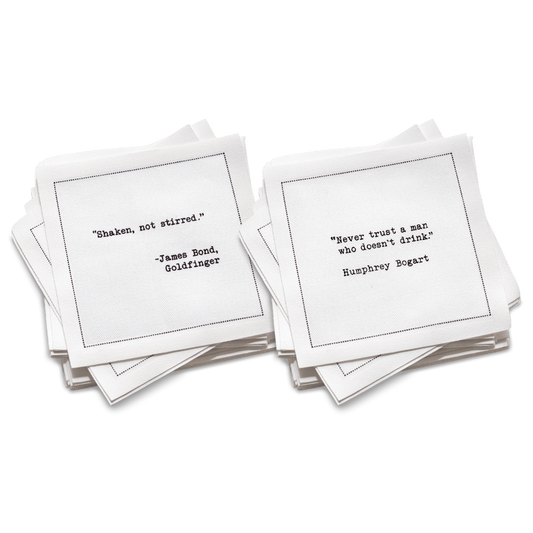 Luxury white cocktail napkins with black printed drink quotes, organic cotton, Five Star Napkins
